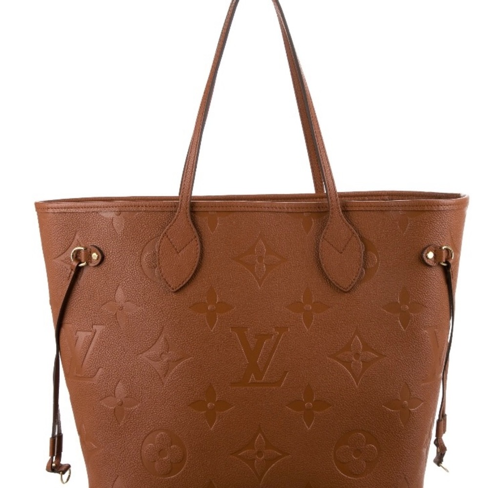 Louis Vuitton 2022 monograms empreinte Neverfull bag purse Cognac brown